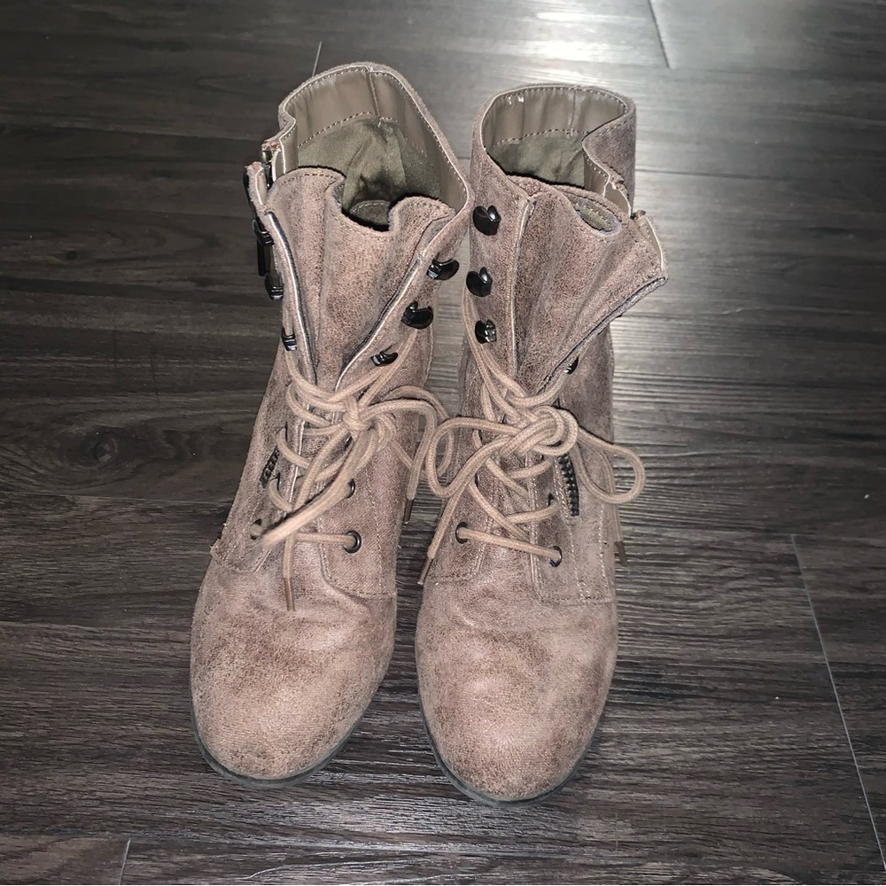 Brown lace up bootie heels